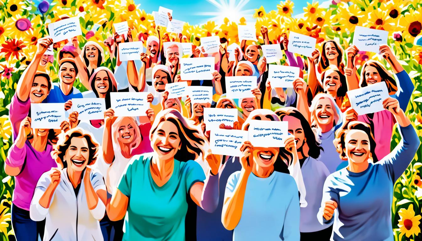 An image of a group of people standing in solidarity, surrounded by a field of colorful flowers and bright sunshine. Each person is holding a small card with an uplifting message written on it, while their faces radiate with hope and positivity. The cards are from their heart and are meant to inspire and encourage others to pursue their dreams. The image should capture the essence of community, joy, and the power of positive affirmations.