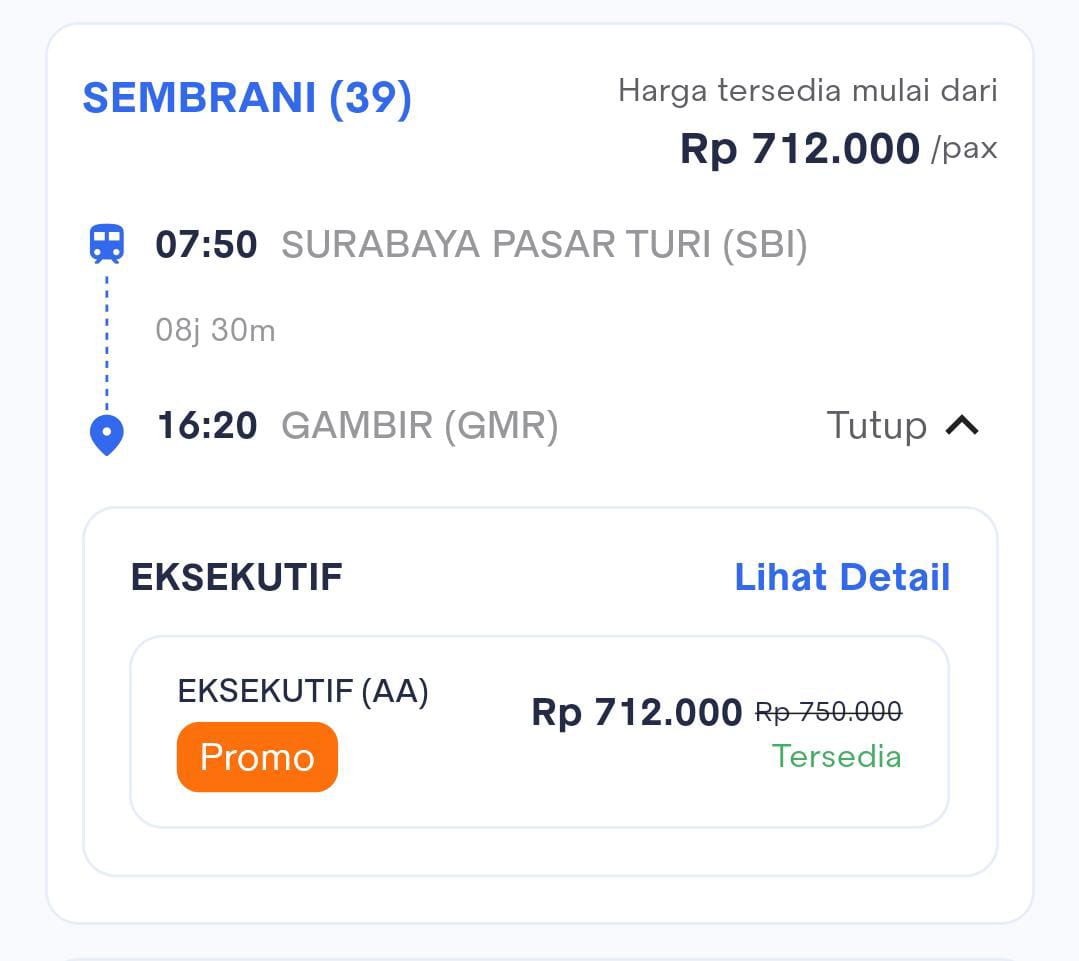 Harga Tiket KA Sembrani (39) Surabaya Pasar Turi (SBI) — Gambir (GMR)