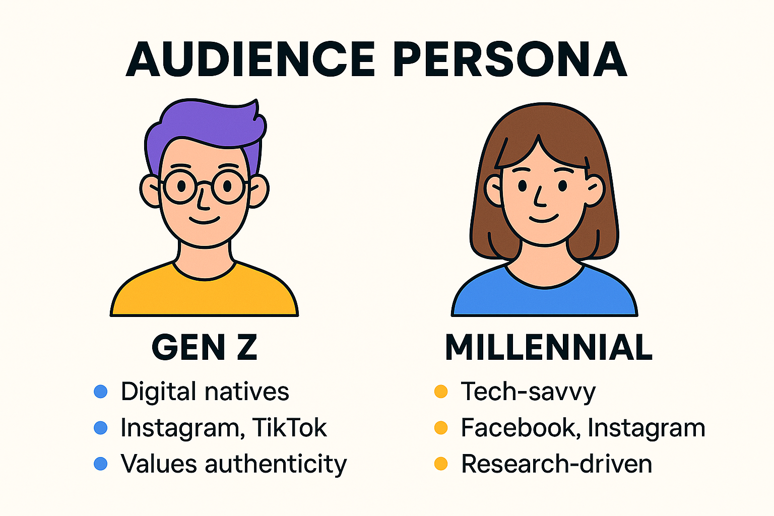 Gen Z and Millennial personas side by side, each with simple icons and three key traits: digital habits, platform preferences, and values