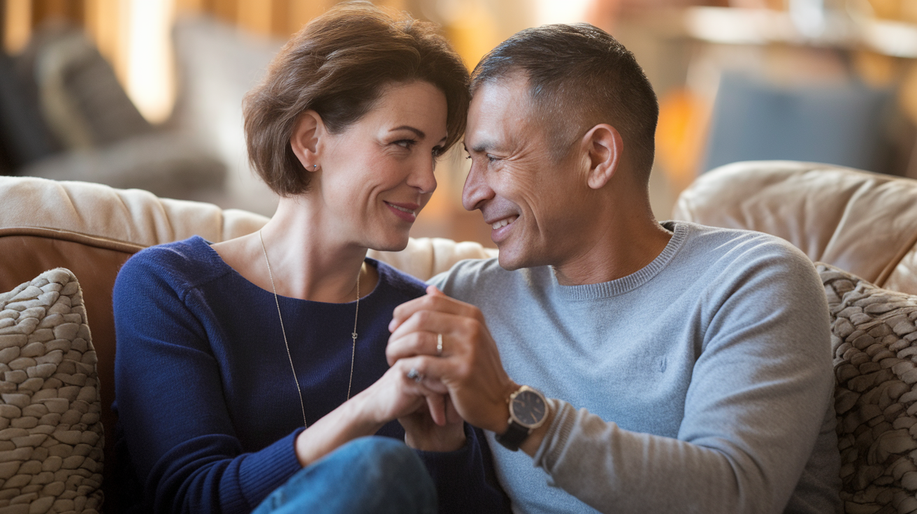 Create a realistic image of a middle-aged heterosexual couple (white female and black male) sitting close on a comfortable couch, holding hands and gazing at each other with warmth and affection, soft warm lighting creating an intimate atmosphere, subtle physical connection showing emotional closeness without explicit sexuality, living room setting with soft furnishings in background, conveying deep emotional intimacy beyond physical aspects.