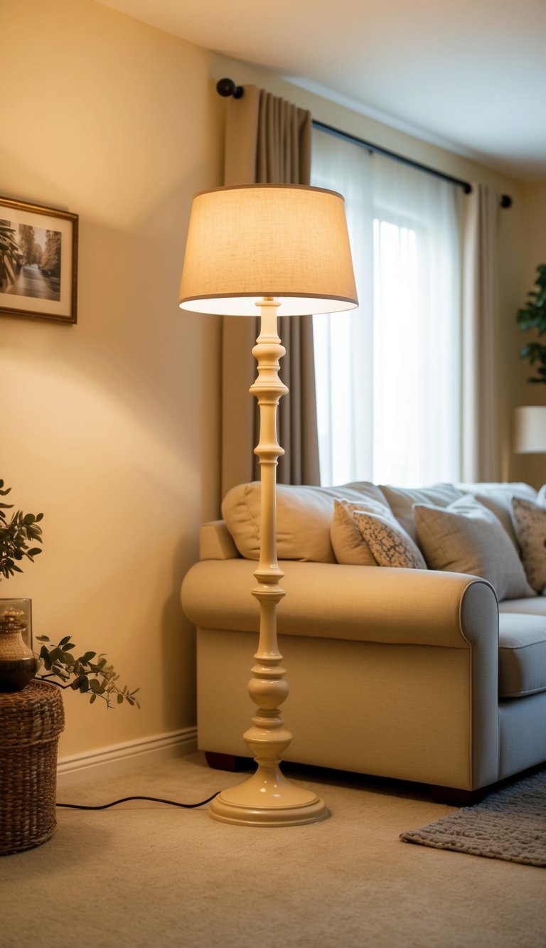 A creamy beige floor lamp illuminates a cozy beige living room with warm, inviting decor