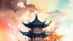 Floating Island Surrounded By Fluffy Clouds Beautiful Sunset Chinese Building