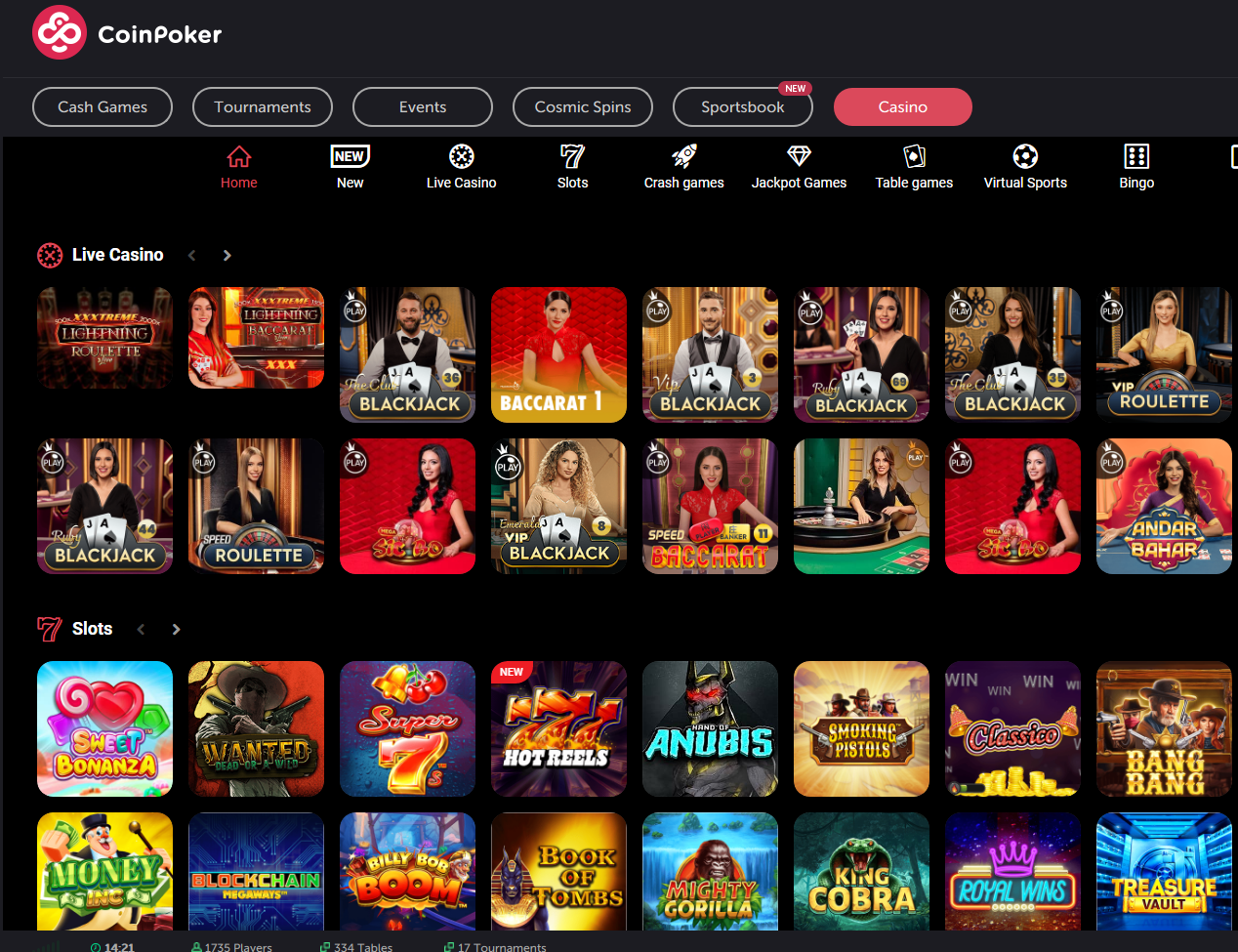 A screenshot of coinpoker casino client showing live casino and slot games.