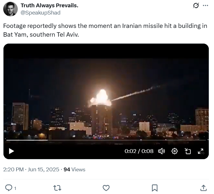 Iranian missile striking a building in Bat Yam, a city in southern Tel Aviv.