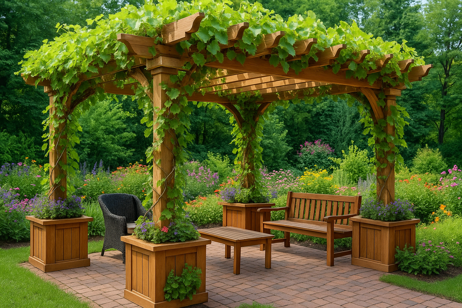 Garden pergola covered with grape vines and surrounded by lush plants.