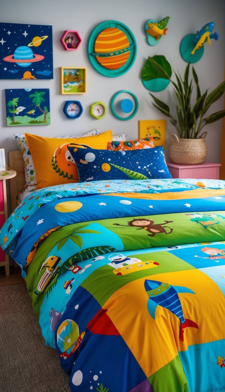 A colorful array of duvet covers adorns the beds in a whimsical kids' bedroom, featuring adventurous themes like outer space, jungle safaris, and underwater explorations