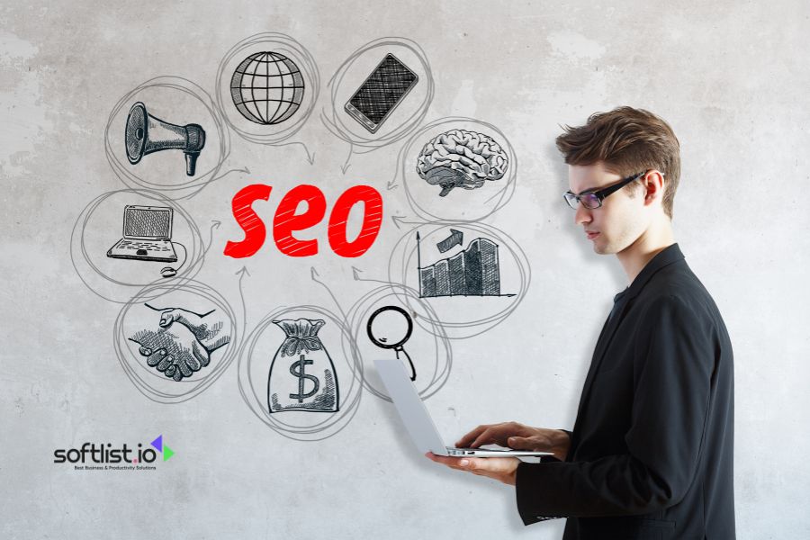 Man with laptop and SEO icons illustrating various digital marketing concepts.