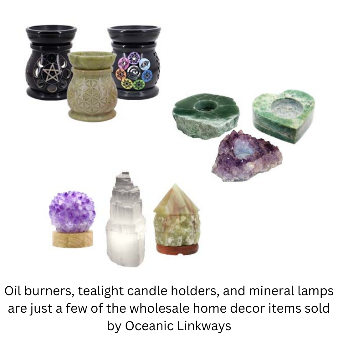 Oil burners, tealight candle holders, and mineral lamps are just a few of the wholesale home decor items sold by Oceanic Linkways