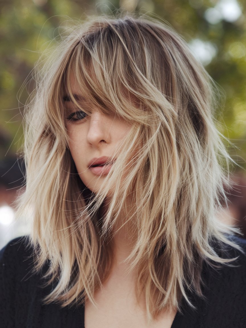 49. Layered Hair with Textured Ends and Wispy Bangs
