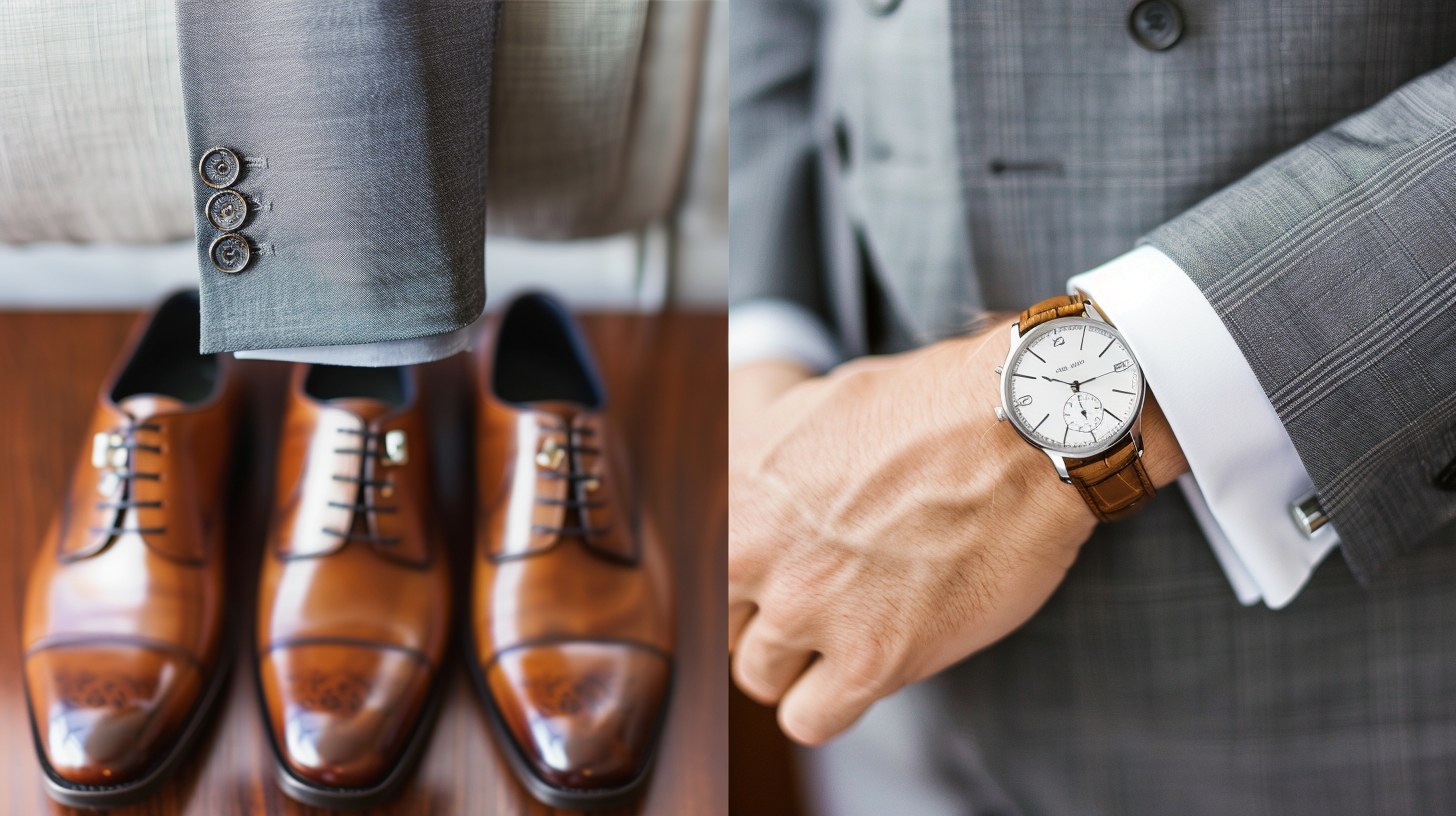 Add subtle accessories to a grey suit and brown shoe outfit. Use silver, gold, or matte black cufflinks and a coordinating watch. Optional: a classic stone or monogram detail. Avoid anything oversized or distracting