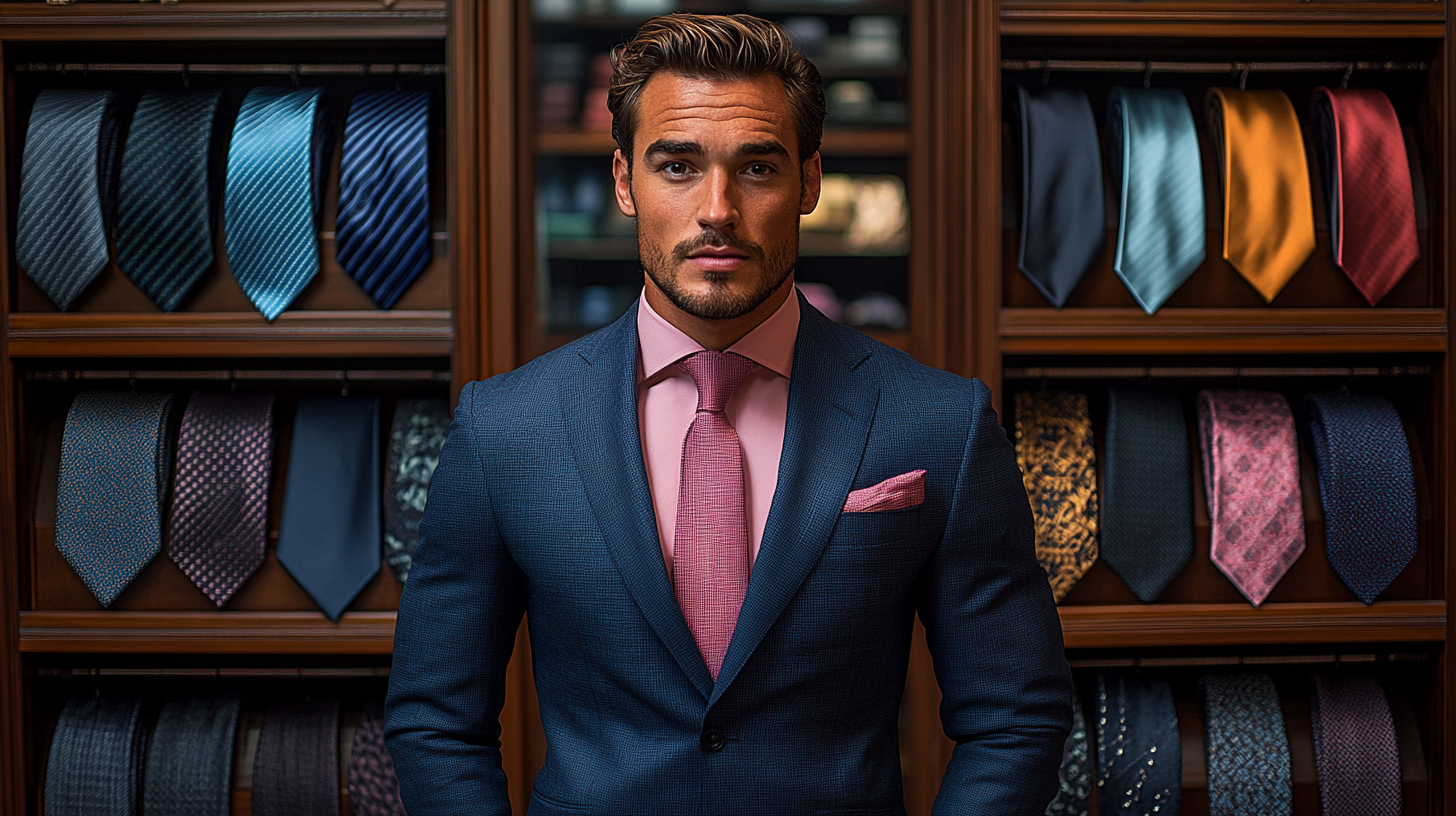 A man dressed in a sharp navy suit and a pink shirt stands confidently in the center of the image. The scene is filled with accessories and various ties colors such as black, grey, blue, red, burgundy, green, and pink in shelf.