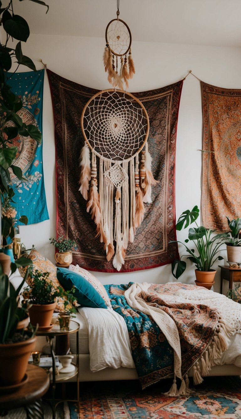 An eclectic boho bedroom with a large, intricately designed dreamcatcher hanging above the bed. Colorful tapestries, plants, and vintage furniture create a cozy, artistic atmosphere