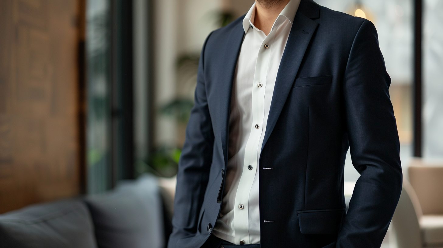 Man dressed in a single-breasted suit with one row of buttons and a slim overlap, standing in a modern office or casual event, versatile and stylish design