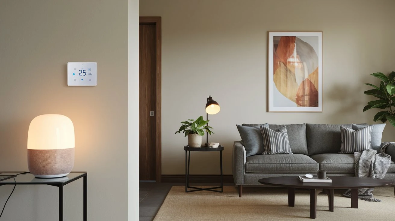 Smart home devices such as a smart thermostat and voice-controlled lights in a modern living room.