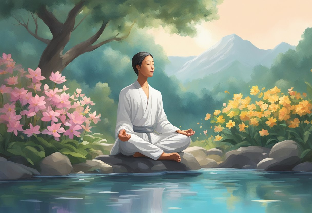 A serene figure meditating in a lush garden, surrounded by flowing water and blooming flowers, under a clear sky