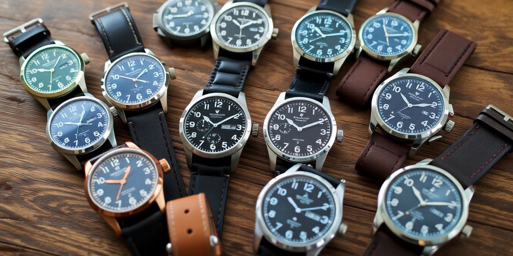 Stylish field and pilot watches on a wooden surface.