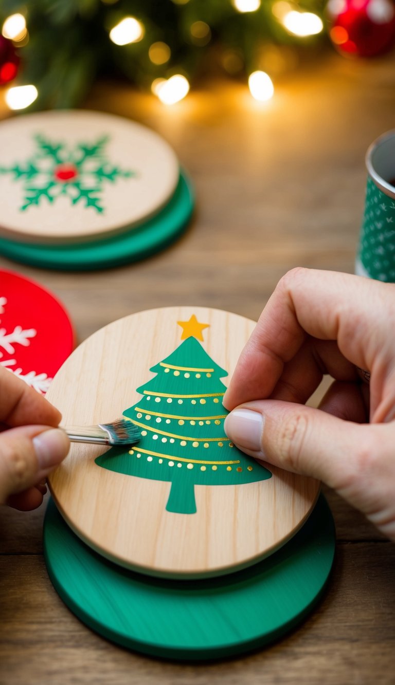 A wooden coaster being painted with festive designs for DIY Christmas gifts