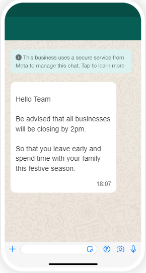 A Staff communication message on WhatsApp from a retail/ecommerce platform