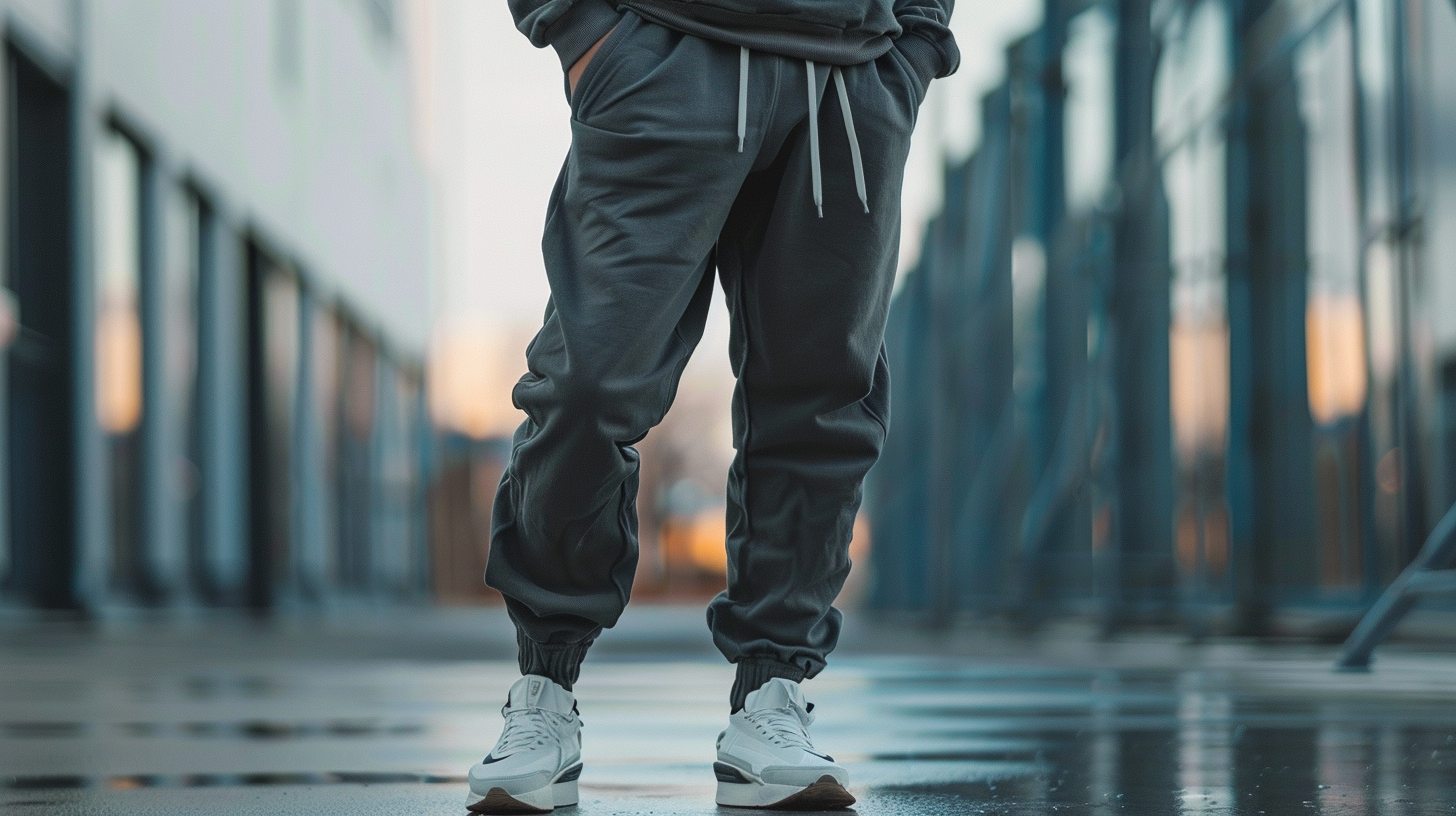 A man wearing tapered jogger pants with elastic waist and cuffs, styled with a hoodie or modern streetwear. A comfortable, sporty outfit for leisure or casual outings.