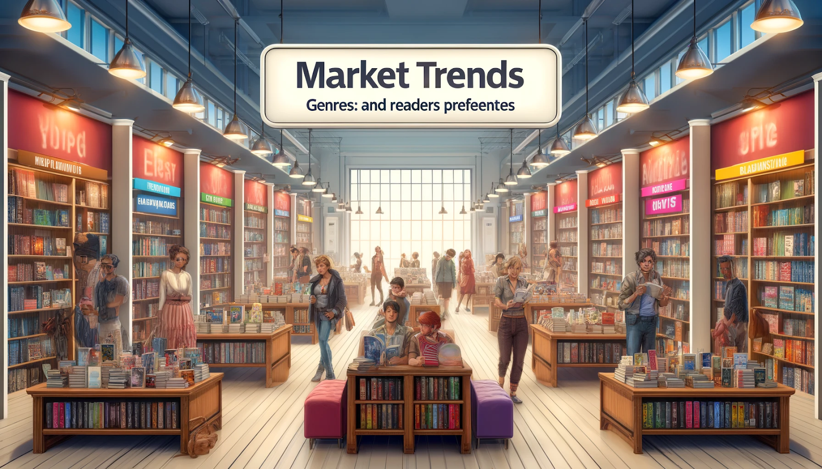 Busy bookstore scene with readers browsing various genres under a 'Market Trends' sign, reflecting Publishing Trends 2025.