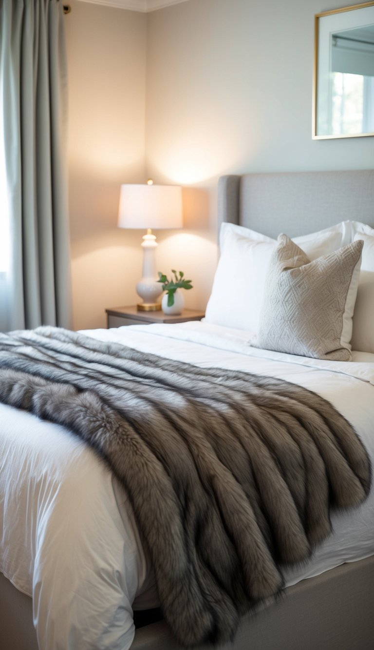 A cozy faux fur throw drapes over a neatly made bed in a serene guest bedroom with soft lighting and subtle neutral tones