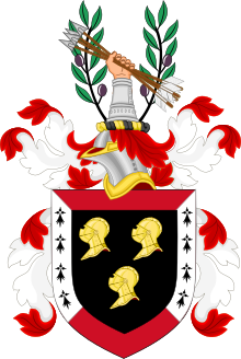 A coat of arms with a hand holding a spear 
Description automatically generated