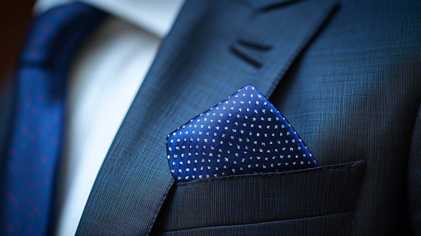 A classic black suit styled with a navy or cobalt blue pocket square, neatly folded to add a touch of understated elegance. The blue pocket square contrasts beautifully with the black suit, enhancing the overall depth and sophistication. The scene is minimalist, with soft, flattering lighting that highlights the subtle texture of the pocket square while maintaining the suit's sleek, refined appearance