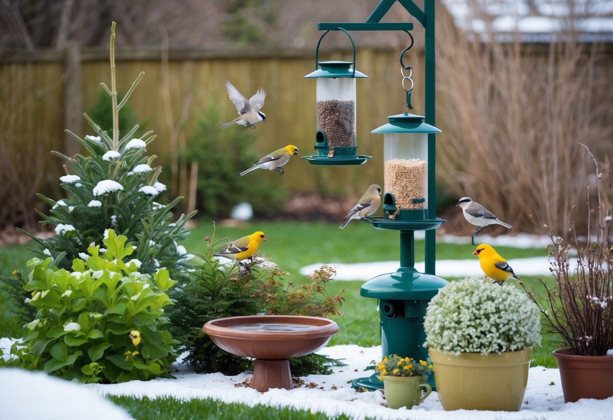 A garden in late winter with bird feeders, birdbath, and various plants. Birds are shown feeding and perching in the garden