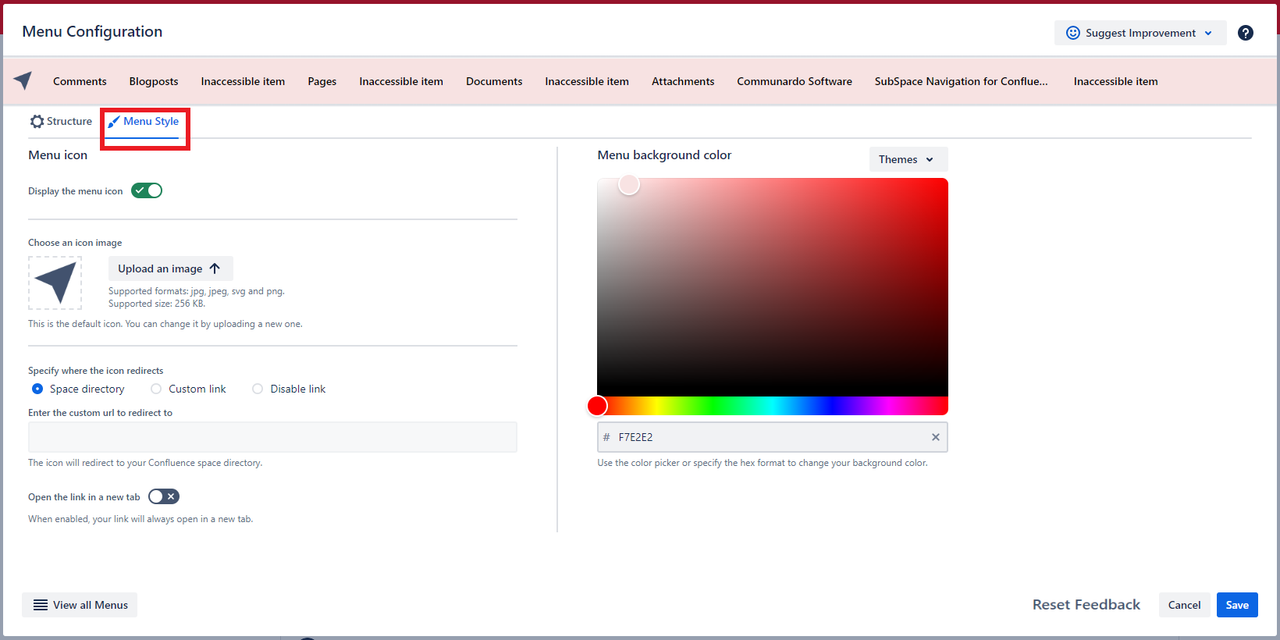 A screenshot showing how to adjust the menu style on the Subspace Navigation for the Confluence app.