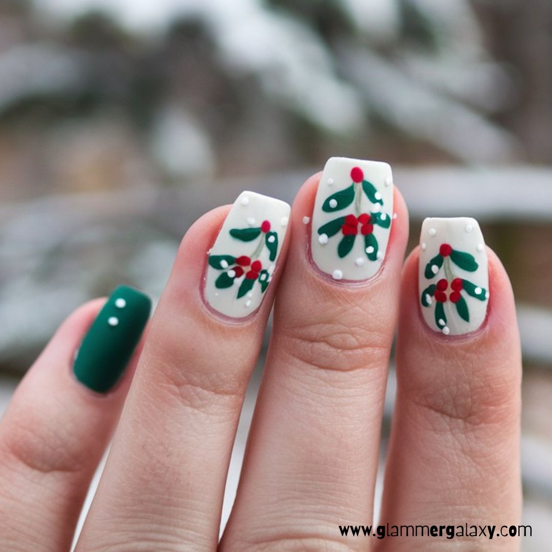 Cute Winter Nails having White Mistletoe
