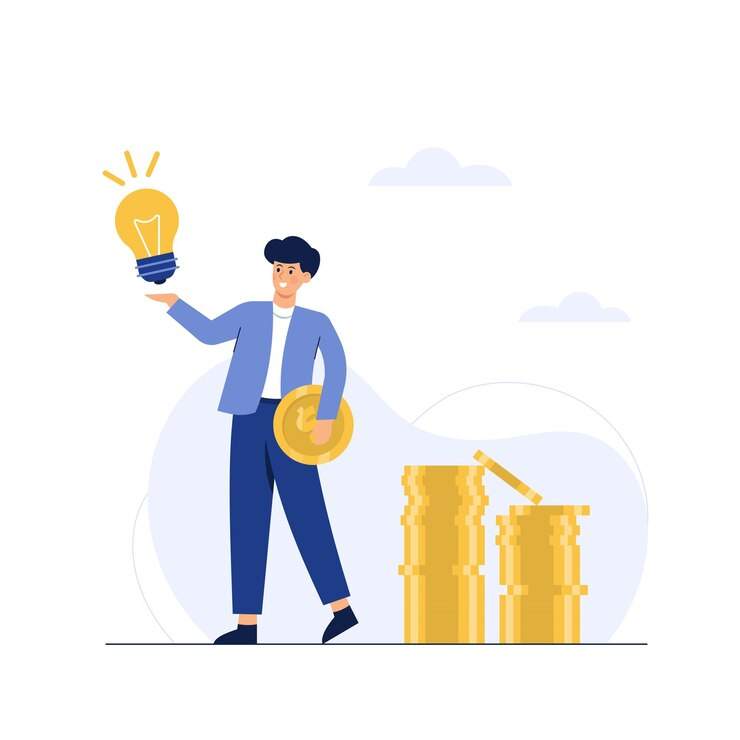 Graphic of a person with a lightbulb and gold coin in his hands