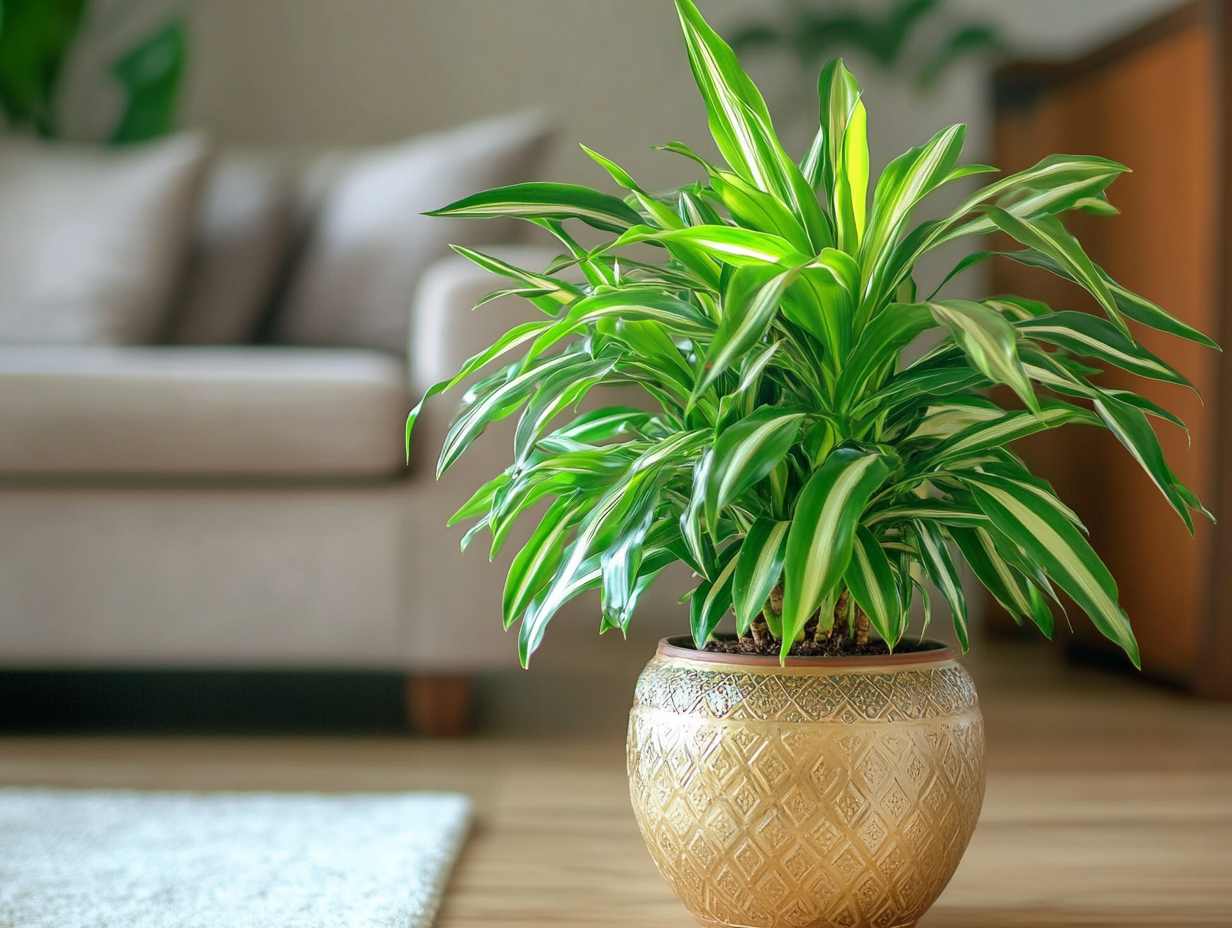 Detalhe das folhas verdes e brilhantes da Dracena Compacta, mostrando sua textura e vitalidade.