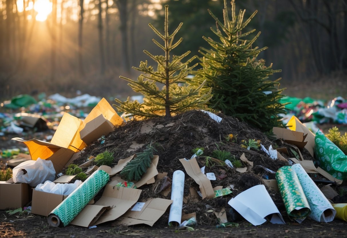 A compost pile surrounded by discarded Christmas trees and wrapping paper, with various organic waste being added to the pile