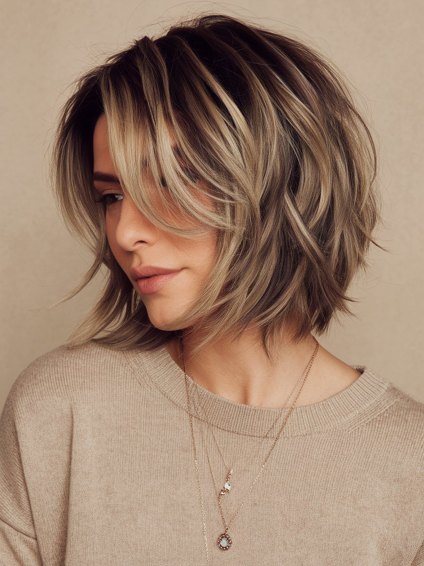 71. Soft Layered Bob with Subtle Highlights