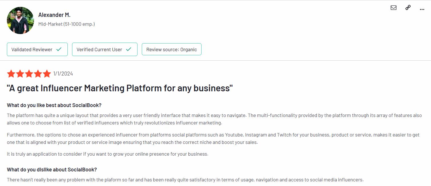 socialbook user review on G2