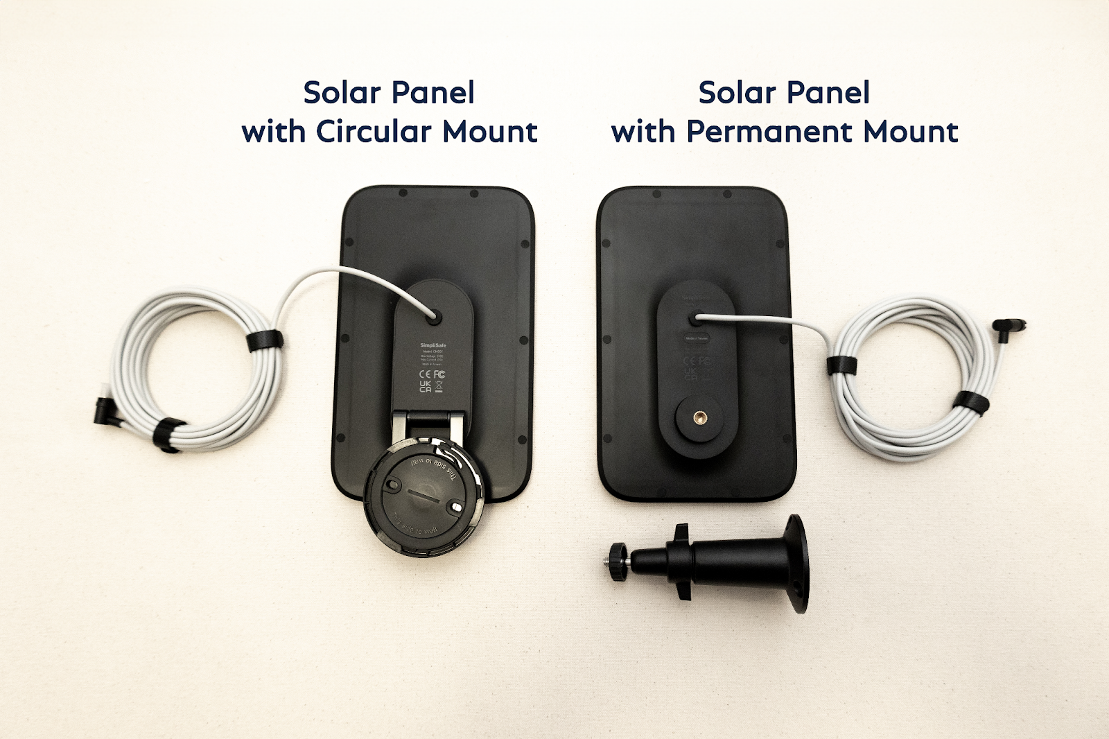 Two Solar Panels laying side by side with the back facing upwards. On the left is the Solar Panel with a Circular Mount and on the right is the Solar Panel with the separate permanent mount.