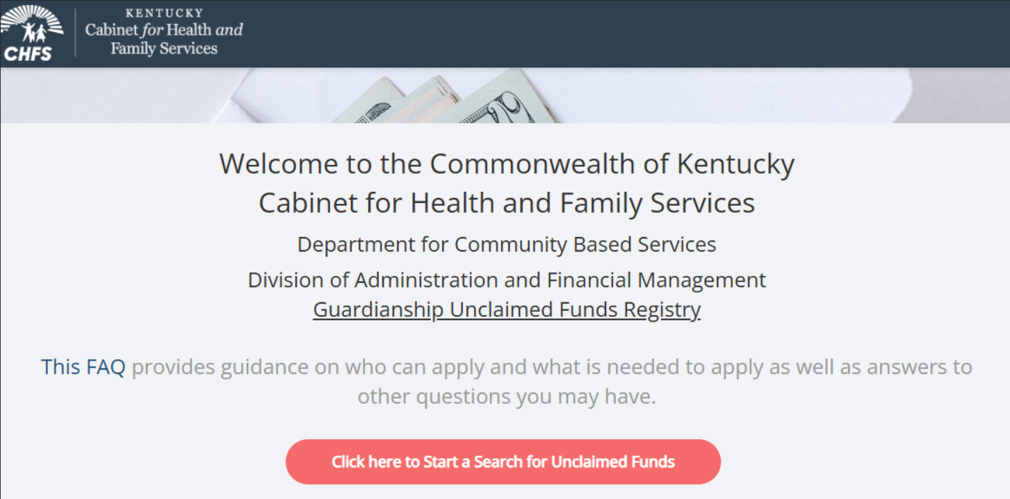 Homepage of the unclaimed funds registry. 