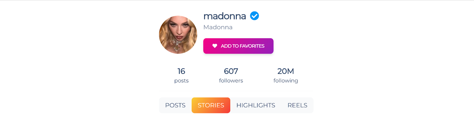 Screenshot showing how to view Madonna's stories, posts, and highlights on MollyGram