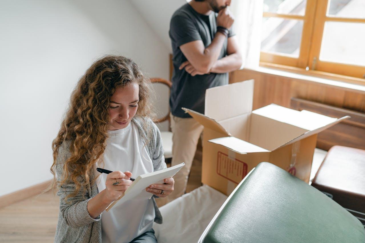 Couple making moving essentials list and packing.