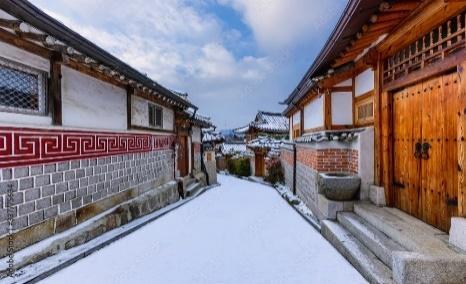 Winter and snow at Bukchon Hanok Village best landmark in Seoul, South  Korea. Stock Photo | Adobe Stock