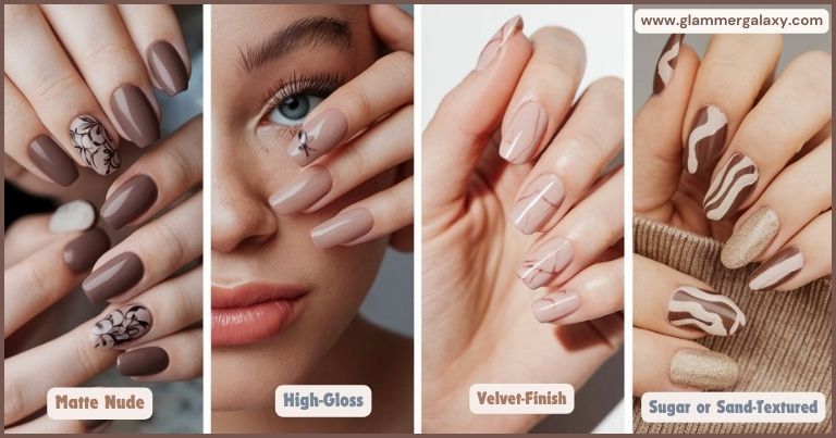 Collage showcasing matte finish, high-gloss finish, velvet texture, and textured nails with sugar or sand-like elements.