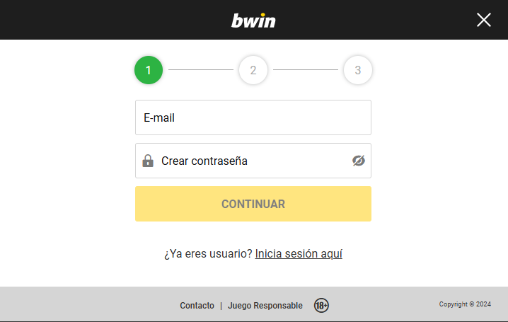 pantalla de registro de bwin