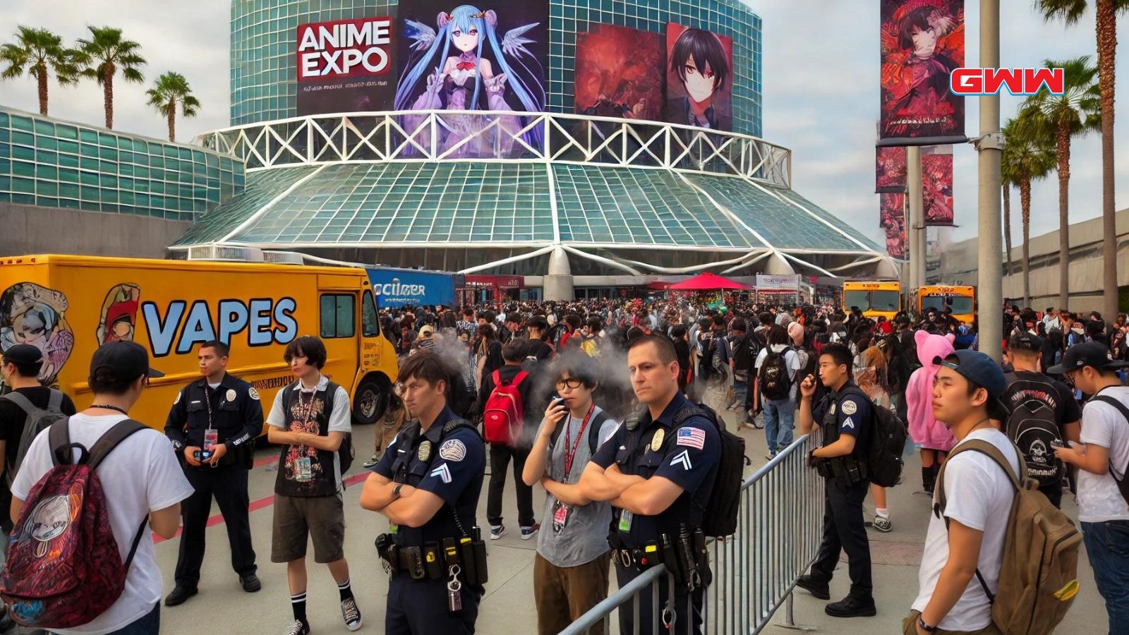 Large crowd outside Anime Expo venue, security presence and vapor truck visible