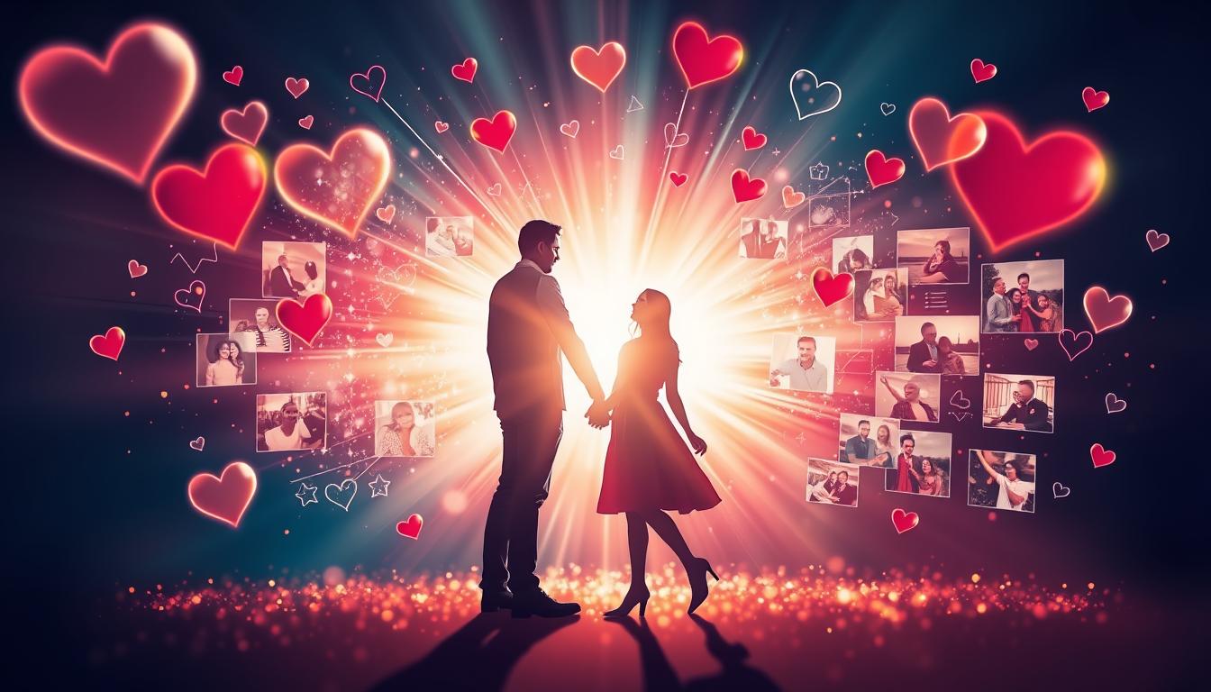 A couple holding hands, surrounded by a burst of light and hearts, as they stand on a visualization board with images of their happy future together.