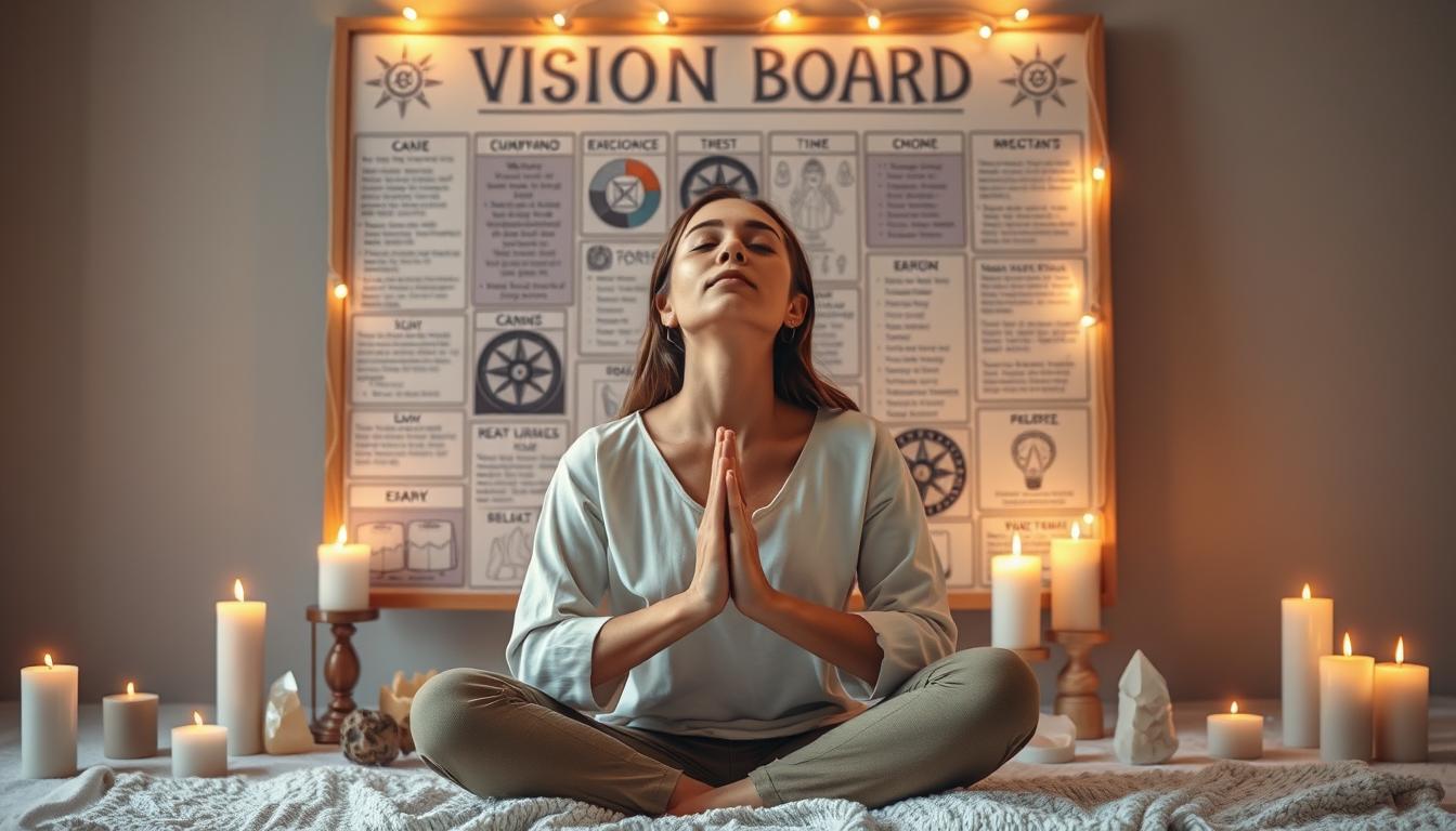 An image of a person sitting in front of a vision board, surrounded by candles and crystals, with their eyes closed and hands clasped in prayer position, embodying the energy of manifestation.