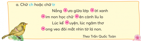 CHỦ ĐỀ 4: EM LÀ ĐỘI VIÊNBÀI 3: NGÀY EM VÀO ĐỘIKHỞI ĐỘNGChia sẻ một niềm vui của em khi ở trườngGiải nhanh:Được học tập, vui chơiĐược gặp gỡ bạn bèĐược học hỏi những điều hay, mới lạĐược tham gia các phong trào của trường, lớp, đội tổ chứcKHÁM PHÁ VÀ LUYỆN TẬP1) Đọc và trả lời câu hỏi:Câu 1: Chị kể về niềm vui gì của bạn nhỏ?Câu 2: Tìm các hình ảnh so sánh trong bài.Câu 3: Theo lời chị, điều gì đang chờ đợi bạn nhỏ ở phía trước?Vườn trưa đầy nắng, có đàn bướm bayĐoàn tàu và những chuyến đi xaNhững ước mơ và khát vọng tuổi thơCâu 4: Khổ thơ cuối bài nói lên điều gì?* Học thuộc lòng 2 - 3 khổ thơ em thích.Giải nhanh: Câu 1: Bạn nhỏ được vào đội.Câu 2: Bướm bay như bài hátMàu khăn của thiếu niên, suốt đời tươi thắm mãi, như lời ru vời vợiCâu 3: Vườn trưa đầy nắng, có đàn bướm bayĐoàn tàu và những chuyến đi xaNhững ước mơ và khát vọng tuổi thơCâu 4: Lời hứa lớp người đi sau với lớp người đi trước sẽ luôn giữ màu khăn quàng đỏ thắm, biểu tượng cho tuổi trẻ, cho sự cố gắng, sự công hiến xây dựng nước nhà. * Học thuộc lòng 2 - 3 khổ thơ em thích.2) Đọc một bài văn về thiếu nhi:a. Viết vào Phiếu đọc sách những nội dung em thích.Giải nhanh: Tên bài vănTác giảHình ảnh đẹpb. Chia sẻ với bạn về một hình ảnh đẹp trong bài văn.Giải nhanh: Học sinh tự thực hiện vào vở.1) Nghe - viết: Ngày em vào Đội (từ Này em, mở cửa ra... đến hết).Giải nhanh: Học sinh nghe cô giáo đọc và viết bài2) Viết lại vào vở cho đúng các tên riêng có trong câu ca dao sau:Tiếng lành bình định tốt nhà,Phú yên tốt lúa, khánh Hoà tốt trâu.Giải nhanh: Tiếng lành Bình Định tốt nhà,Phú Yên tốt lúa, Khánh Hoà tốt trâu.3) Chọn chữ hoặc vần thích hợp với mỗi bông hoa:Giải nhanh: a. Chữ ch hoặc chữ trNắng trưa giữa lớp trời xanhChim non học chữ trên cành líu loLúc kể chuyện, lúc ngâm thơTrong veo đôi mắt nhìn tờ lá nonTheo Trần Quốc Toànb. Vần an hoặc vần ang và thêm dấu thanh (nếu cần)Ban mai thức giấc rộn ràngLàn gió như cũng ngỡ ngàng reo caTiếng trống vang gọi gần xaChào năm học mới chan hoà yêu thương!Theo Lê Hoà Long1) Tìm hình ảnh so sánh và từ ngữ dùng để so sánh trong các đoạn thơ, đoạn văn sau:a. Trẻ em như búp trên cành.Hồ Chí Minh b. Những đêm nào trăng khuyếtTrông giống con thuyền trôi.Nhược Thuỷc. Từ xa nhìn lại, cây gạo sừng sững như một tháp đèn khổng lồ. Hàng ngàn bông hoa là hàng ngàn ngọn lửa hồng tươi. Hàng ngàn búp non là hàng ngàn ánh nến trong xanh.Vũ Tú NamGiải nhanh: a) Hình ảnh so sánh: búp trên cànhTừ ngữ dùng để so sánh: nhưb) Hình ảnh so sánh: con thuyền trôiTừ ngữ dùng để so sánh: trông giốngc) Hình ảnh so sánh: tháp đèn khổng lồ, ngọn lửa hồng tươi, ánh nến trong xanhTừ ngữ dùng để so sánh: như, là2) Tìm từ ngữ có thể thay thế cho mỗi từ ngữ so sánh vừa tìm được ở bài tập 1.Giải nhanh: tựa như, giống, là…3) Đặt câu có hình ảnh so sánh dựa vào gợi ý:Giải nhanh:Trăng khuyết như con diều bay.Lá trầu bà có hình dáng như trái tim.VẬN DỤNG