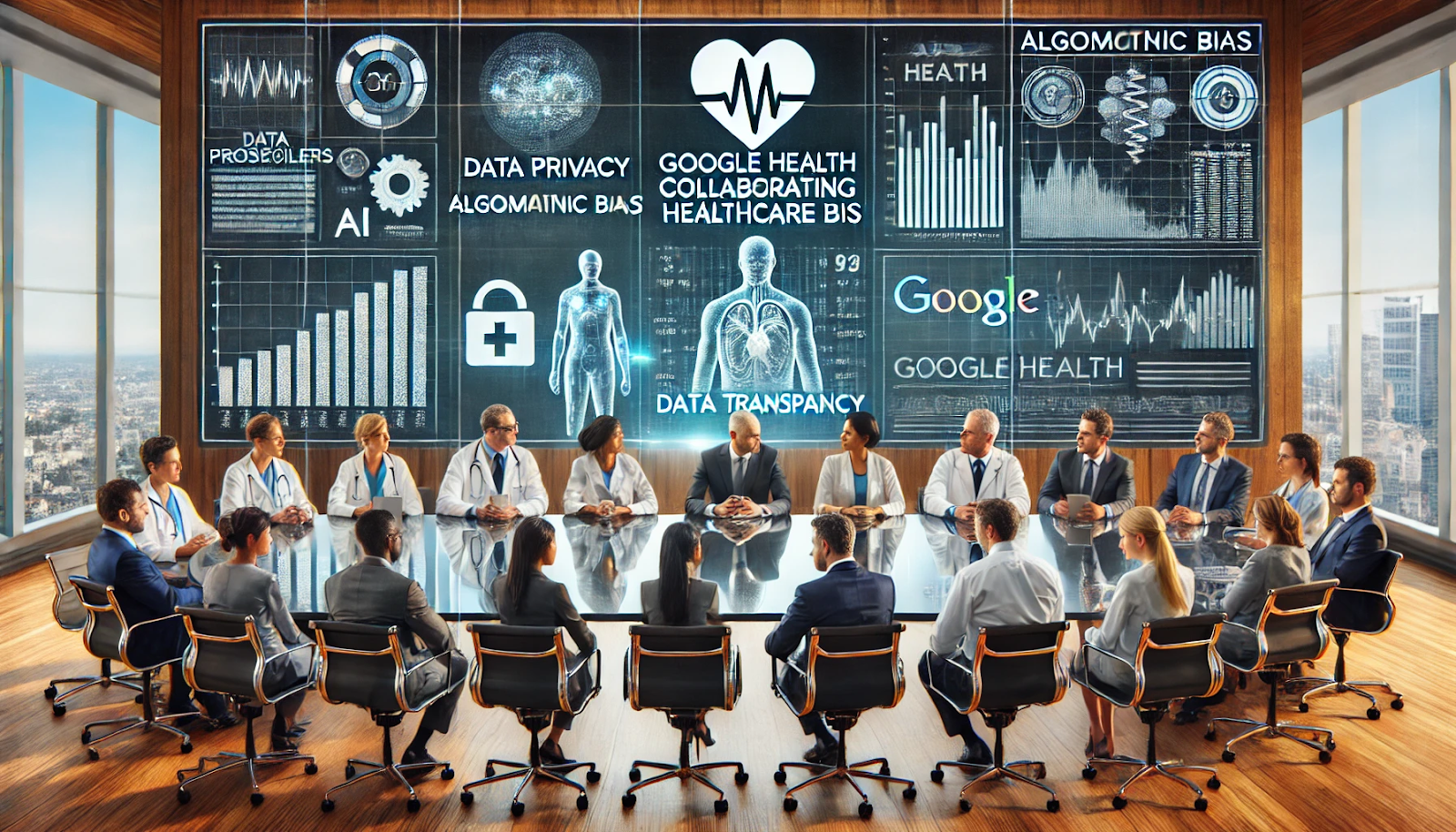 Healthcare professionals and AI specialists discussing ethical considerations such as data privacy and algorithmic bias.