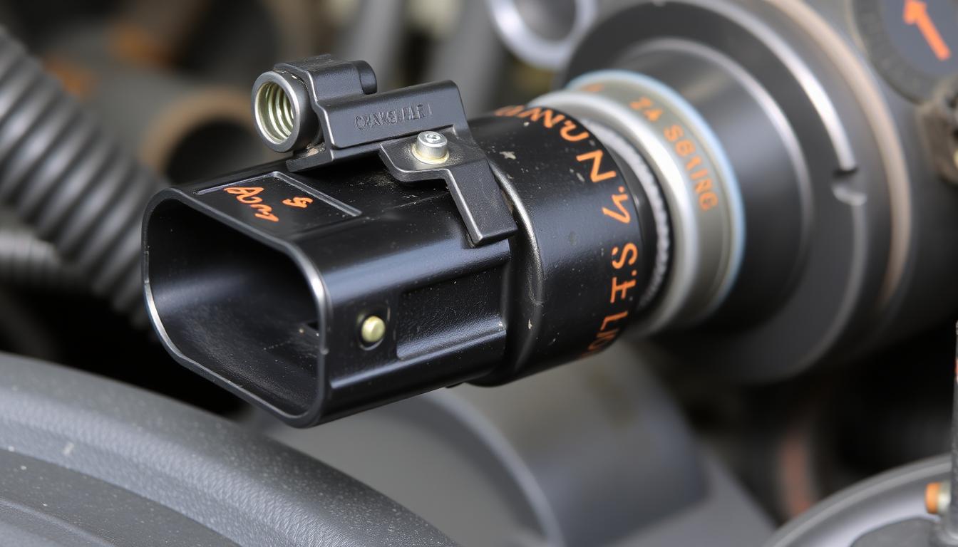 Crankshaft position sensor with visible wiring and electrical connector showing potential damage points