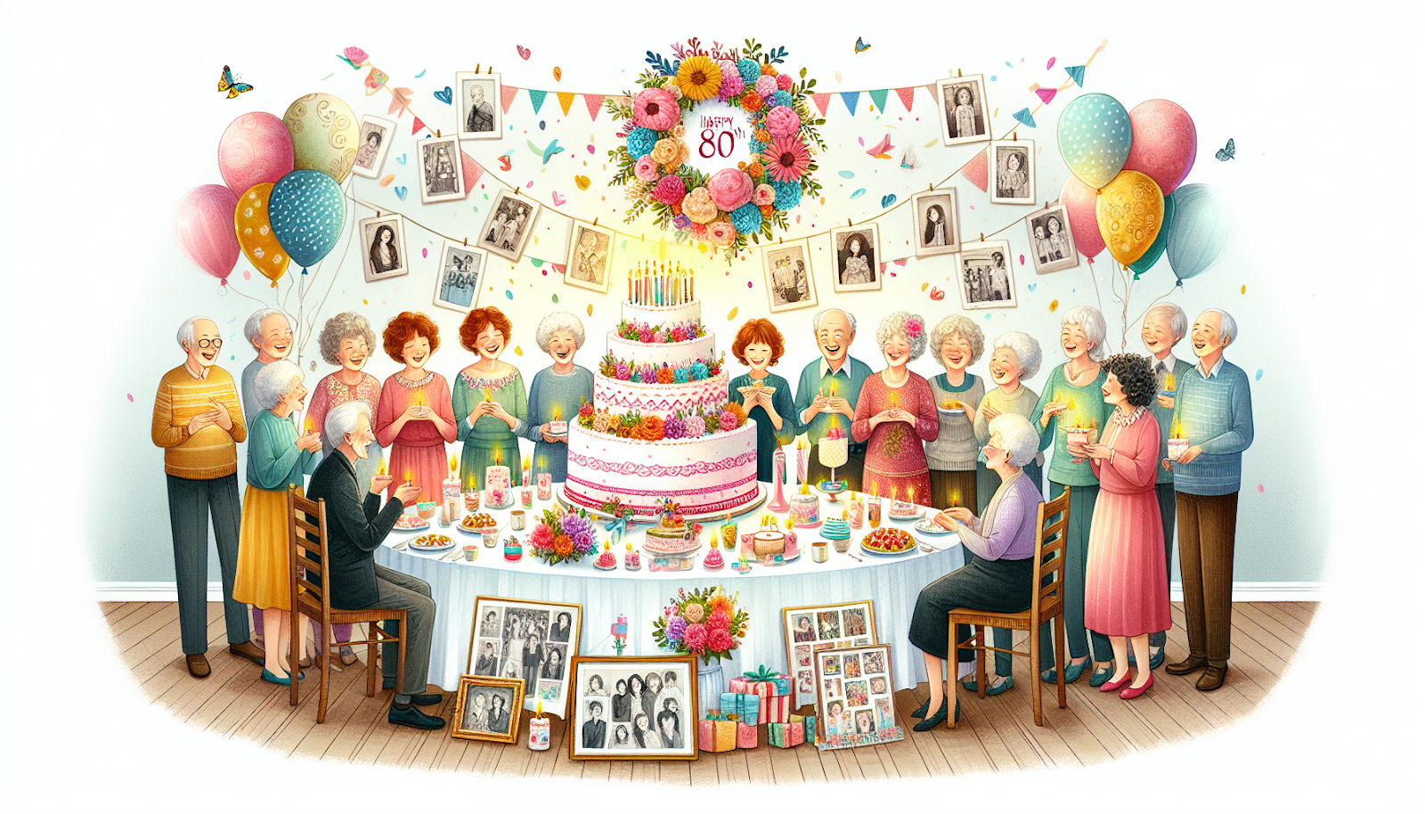 A festive scene depicting an 80th birthday celebration with family and friends.