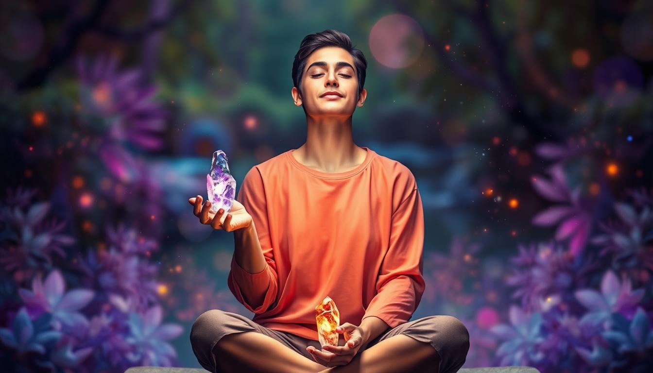 A person sitting in a peaceful environment, surrounded by calm and tranquil nature. They are holding a crystal in their hand, and their eyes are closed in deep concentration. The person is manifesting a conversation with someone they wish to talk to, and the atmosphere around them is filled with positive energy and vibrant colors. The crystal in their hand represents clarity of thought, while the natural surroundings symbolize openness and receptivity to new ideas. The person is confident and poised, radiating a sense of inner peace and happiness.